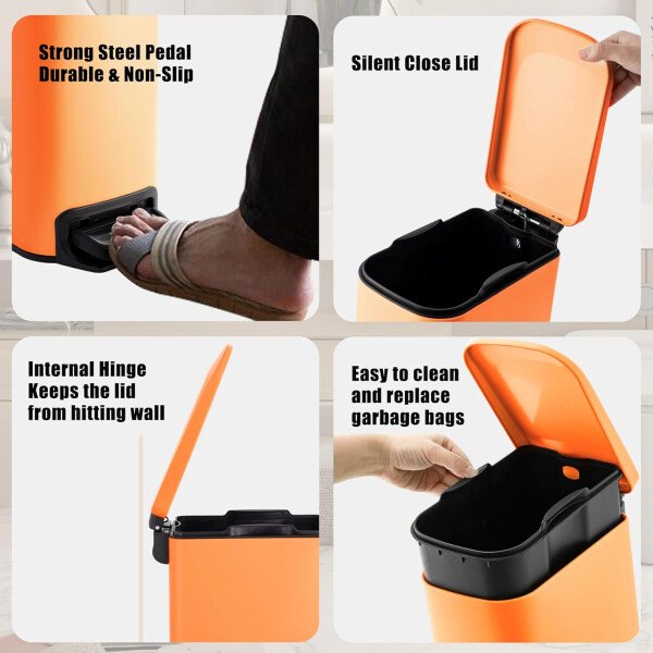 Cesun Cubo de basura pequeño para baño con tapa, cierre suave, pedal escalonado, cubo de basura de acero inoxidable de 6 litros/1.6 galones con cubo interior extraíble, acabado antihuellas (negro - Image 36
