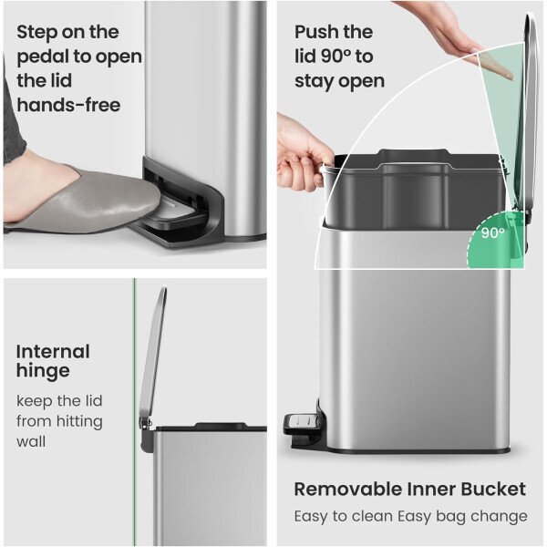 Cesun Cubo de basura pequeño para baño con tapa, cierre suave, pedal escalonado, cubo de basura de acero inoxidable de 6 litros/1.6 galones con cubo interior extraíble, acabado antihuellas (negro - Image 43