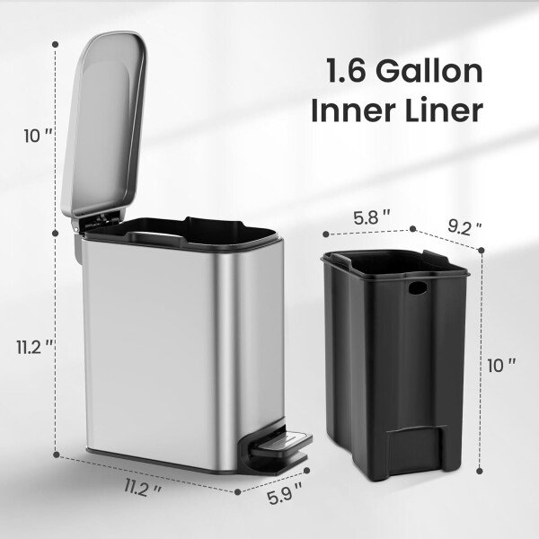 Cesun Cubo de basura pequeño para baño con tapa, cierre suave, pedal escalonado, cubo de basura de acero inoxidable de 6 litros/1.6 galones con cubo interior extraíble, acabado antihuellas (negro - Image 44