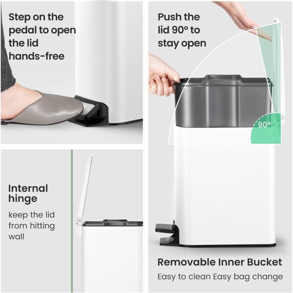 Cesun Cubo de basura pequeño para baño con tapa, cierre suave, pedal escalonado, cubo de basura de acero inoxidable de 6 litros/1.6 galones con cubo interior extraíble, acabado antihuellas (negro - Image 51