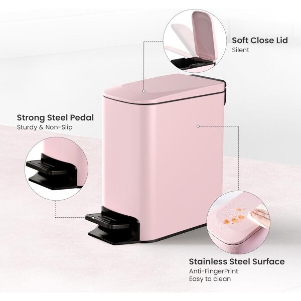Cesun Cubo de basura pequeño para baño con tapa, cierre suave, pedal escalonado, cubo de basura de acero inoxidable de 6 litros/1.6 galones con cubo interior extraíble, acabado antihuellas (negro - Image 56