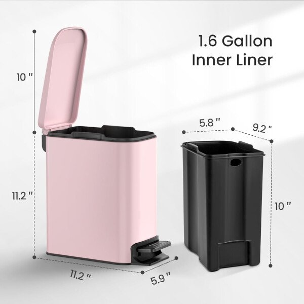Cesun Cubo de basura pequeño para baño con tapa, cierre suave, pedal escalonado, cubo de basura de acero inoxidable de 6 litros/1.6 galones con cubo interior extraíble, acabado antihuellas (negro - Image 59