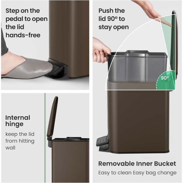 Cesun Cubo de basura pequeño para baño con tapa, cierre suave, pedal escalonado, cubo de basura de acero inoxidable de 6 litros/1.6 galones con cubo interior extraíble, acabado antihuellas (negro - Image 65