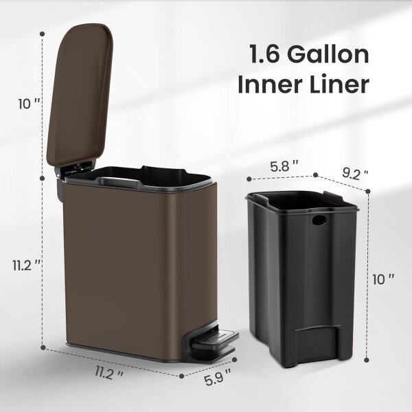 Cesun Cubo de basura pequeño para baño con tapa, cierre suave, pedal escalonado, cubo de basura de acero inoxidable de 6 litros/1.6 galones con cubo interior extraíble, acabado antihuellas (negro - Image 66