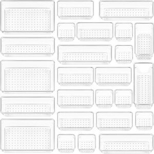 Vtopmart Juego de 25 organizadores de cajones de plástico transparente, 4 tamaños versátiles bandejas organizadoras de cajones de baño y tocador, contenedores de almacenamiento para maquillaje,