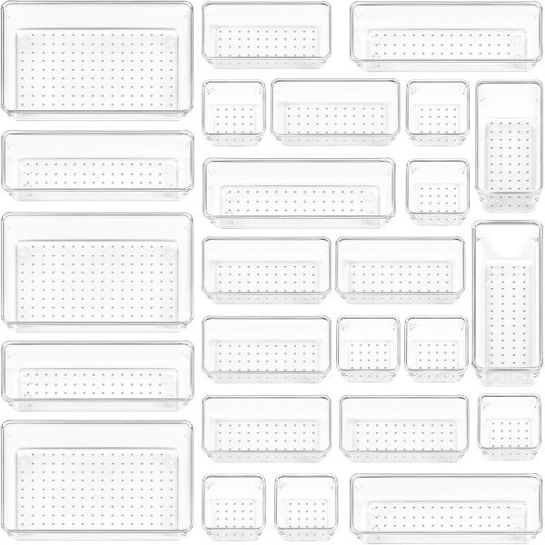 Vtopmart Juego de 25 organizadores de cajones de plástico transparente, 4 tamaños versátiles bandejas organizadoras de cajones de baño y tocador, contenedores de almacenamiento para maquillaje,