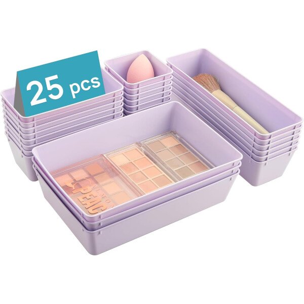 Vtopmart Juego de 25 organizadores de cajones de plástico transparente, 4 tamaños versátiles bandejas organizadoras de cajones de baño y tocador, contenedores de almacenamiento para maquillaje, - Image 23
