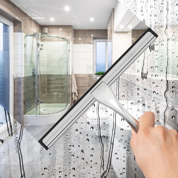 Escobilla de ducha multiusos de acero inoxidable para puerta de vidrio de ducha con 2 ganchos adhesivos, herramienta de limpieza de baño, limpiador de espejo de ventana del hogar, limpieza de paredes - Imagen 3