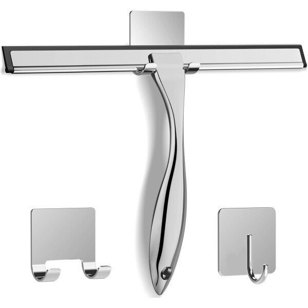 Escobilla de ducha multiusos de acero inoxidable para puerta de vidrio de ducha con 2 ganchos adhesivos, herramienta de limpieza de baño, limpiador de espejo de ventana del hogar, limpieza de paredes - Imagen 15