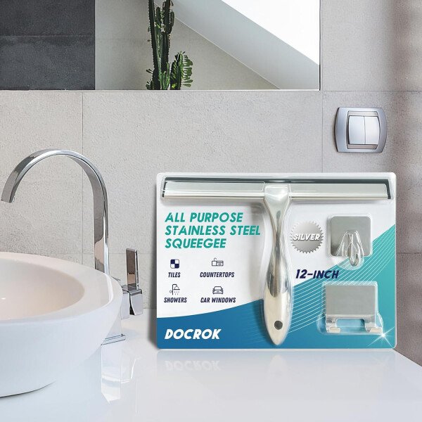 Escobilla de ducha multiusos de acero inoxidable para puerta de vidrio de ducha con 2 ganchos adhesivos, herramienta de limpieza de baño, limpiador de espejo de ventana del hogar, limpieza de paredes - Imagen 17