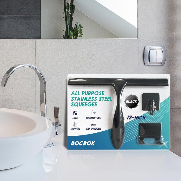 Escobilla de ducha multiusos de acero inoxidable para puerta de vidrio de ducha con 2 ganchos adhesivos, herramienta de limpieza de baño, limpiador de espejo de ventana del hogar, limpieza de paredes - Imagen 19