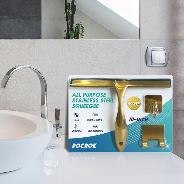Escobilla de ducha multiusos de acero inoxidable para puerta de vidrio de ducha con 2 ganchos adhesivos, herramienta de limpieza de baño, limpiador de espejo de ventana del hogar, limpieza de paredes - Imagen 32