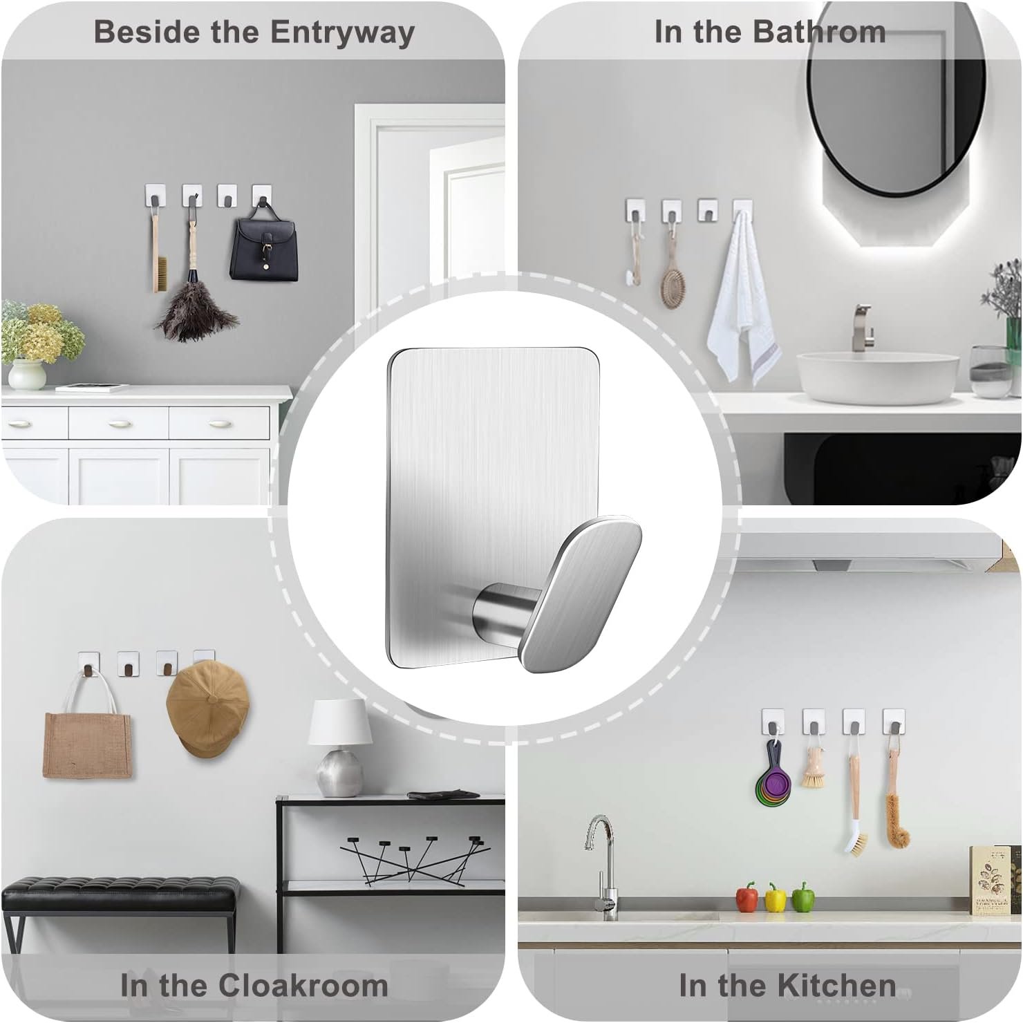 DELITON Ganchos adhesivos – Paquete de 4 ganchos de pared para toallas/abrigos, para baño o cocina (negro mate, acero inoxidable) - Imagen 48