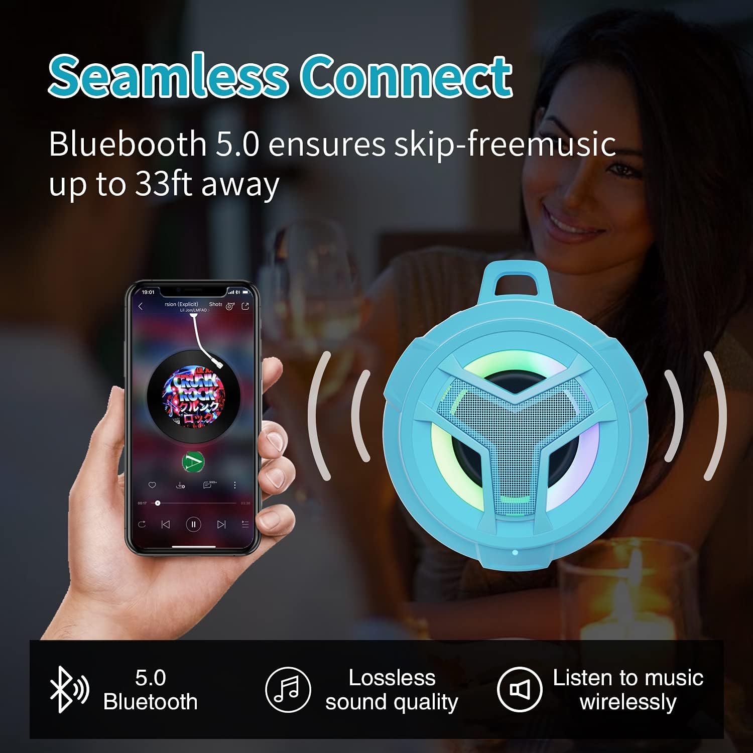 EBODA Altavoz de ducha Bluetooth, altavoces Bluetooth portátiles, altavoz inalámbrico impermeable IP67 con luz LED, flotante, 2000 mAh, estéreo inalámbrico verdadero para kayak, playa, regalos unisex - Imagen 83