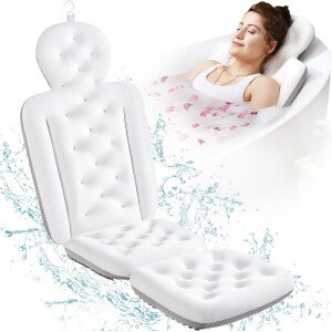 Almohada de baño de cuerpo completo para bañera, cojín grueso para bañera con bolsa de lavandería, almohada de lujo para baño para reposacabezas cuello y espalda, color blanco, 51 x 16 pulgadas