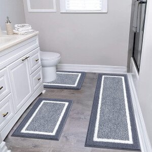 Pauwer Juego de 3 tapetes de baño de microfibra, peludos, antideslizantes, ultra suaves, absorbentes con forma de U para baño, bañera, ducha, color gris oscuro