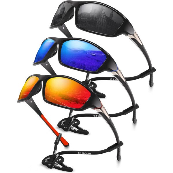 Paquete de 3 lentes de sol polarizados deportivos para hombres, envolventes y protección UV400 contra rayos ultravioleta, para ciclismo, pesca y conducción - Imagen 2
