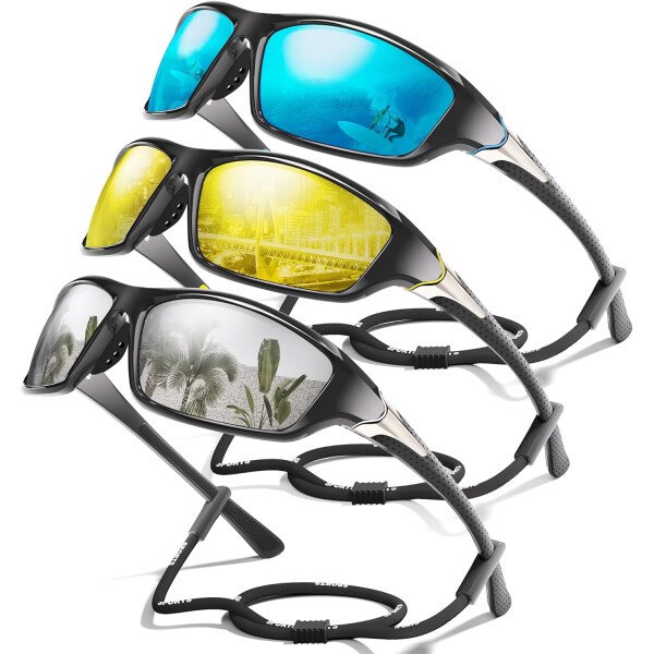 Paquete de 3 lentes de sol polarizados deportivos para hombres, envolventes y protección UV400 contra rayos ultravioleta, para ciclismo, pesca y conducción - Imagen 3