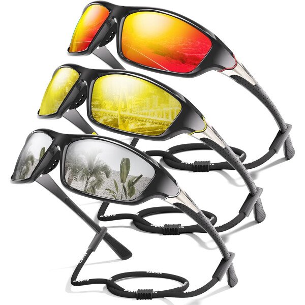 Paquete de 3 lentes de sol polarizados deportivos para hombres, envolventes y protección UV400 contra rayos ultravioleta, para ciclismo, pesca y conducción - Imagen 48