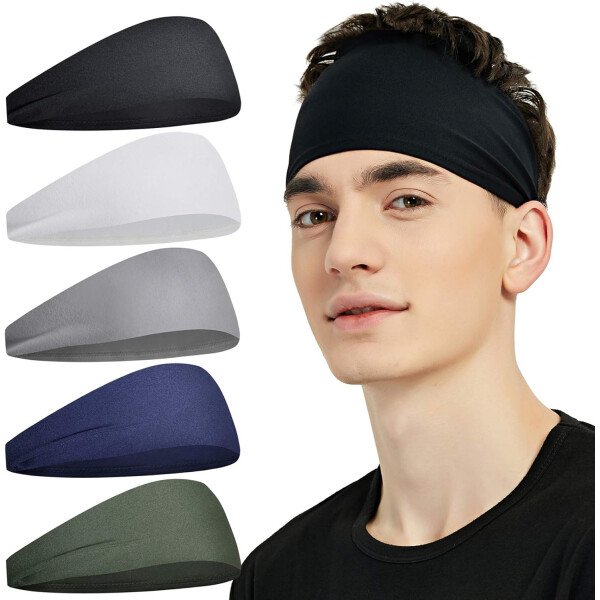 Diademas deportivas para hombres (paquete de 5), diadema de entrenamiento que absorbe la humedad, diademas para correr, ciclismo, fútbol, yoga, banda para el cabello para mujeres y hombres