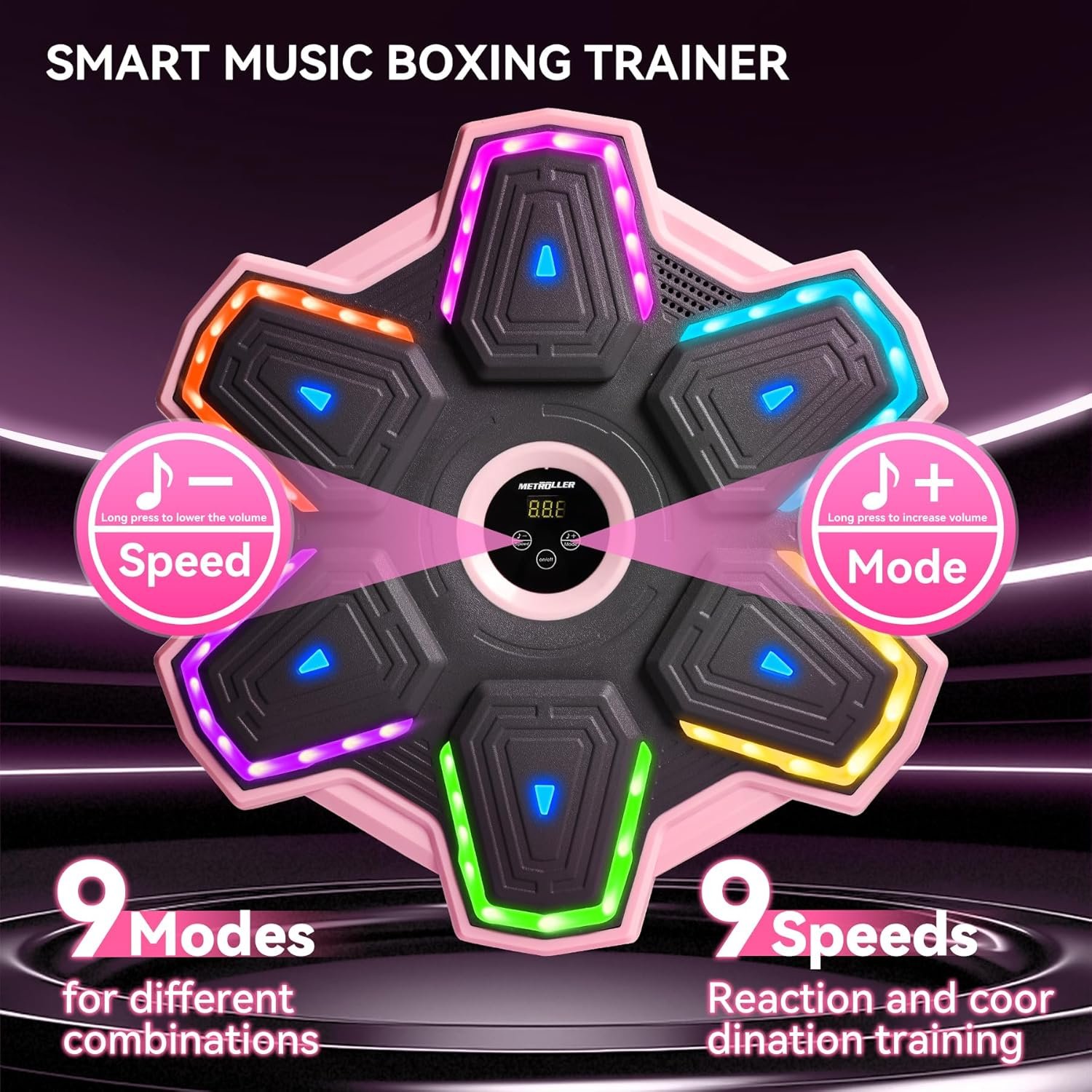 METROLLER Máquina de boxeo musical para adultos con guantes, entrenador electrónico inteligente de música de boxeo con LED interactivo, blanco de boxeo para niños y mujeres, gimnasio, oficina, - Imagen 2
