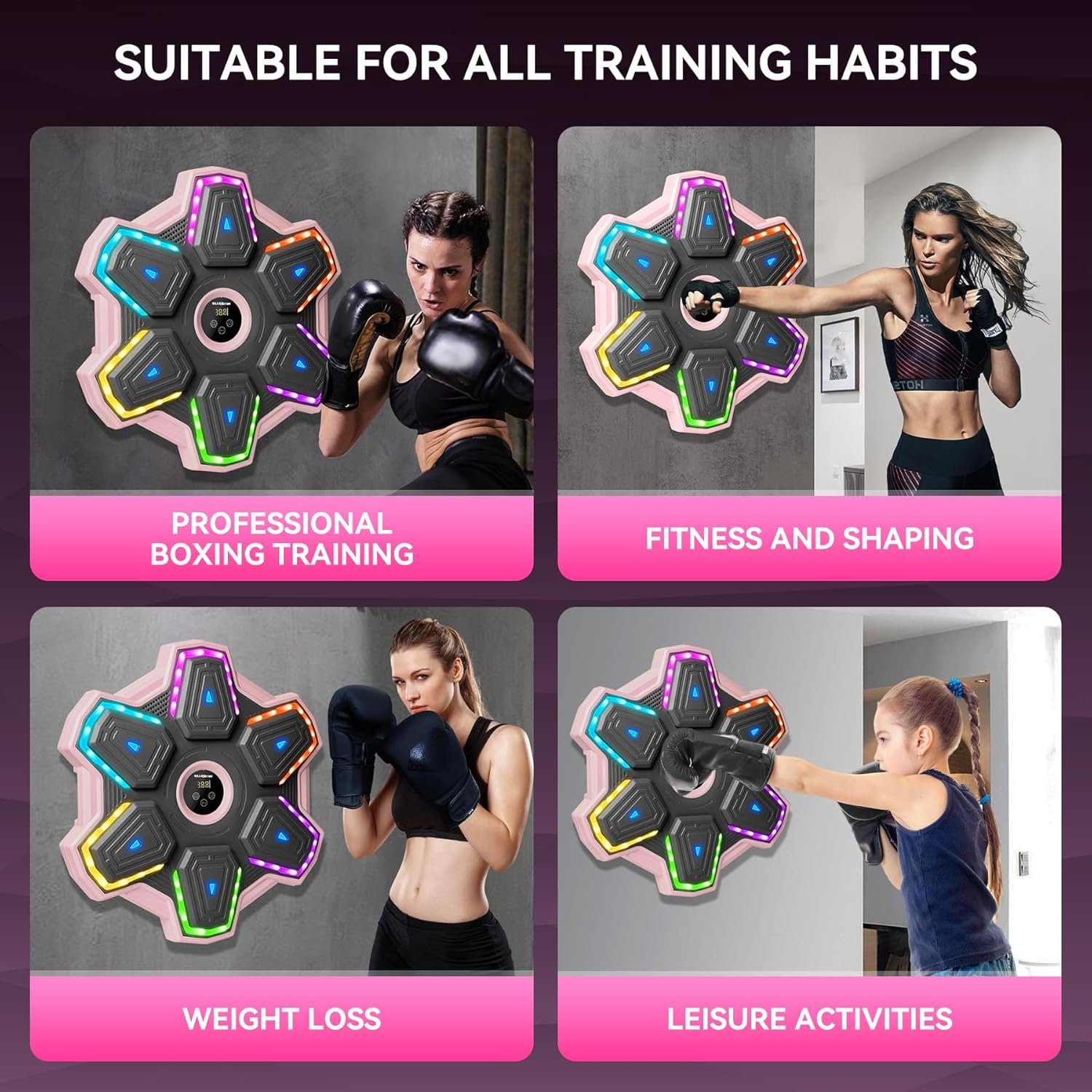 METROLLER Máquina de boxeo musical para adultos con guantes, entrenador electrónico inteligente de música de boxeo con LED interactivo, blanco de boxeo para niños y mujeres, gimnasio, oficina, - Imagen 4