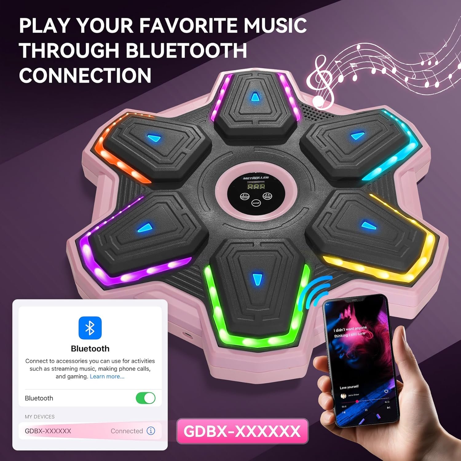 METROLLER Máquina de boxeo musical para adultos con guantes, entrenador electrónico inteligente de música de boxeo con LED interactivo, blanco de boxeo para niños y mujeres, gimnasio, oficina, - Imagen 6