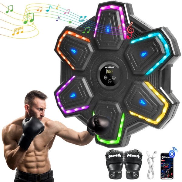 METROLLER Máquina de boxeo musical para adultos con guantes, entrenador electrónico inteligente de música de boxeo con LED interactivo, blanco de boxeo para niños y mujeres, gimnasio, oficina, - Imagen 8