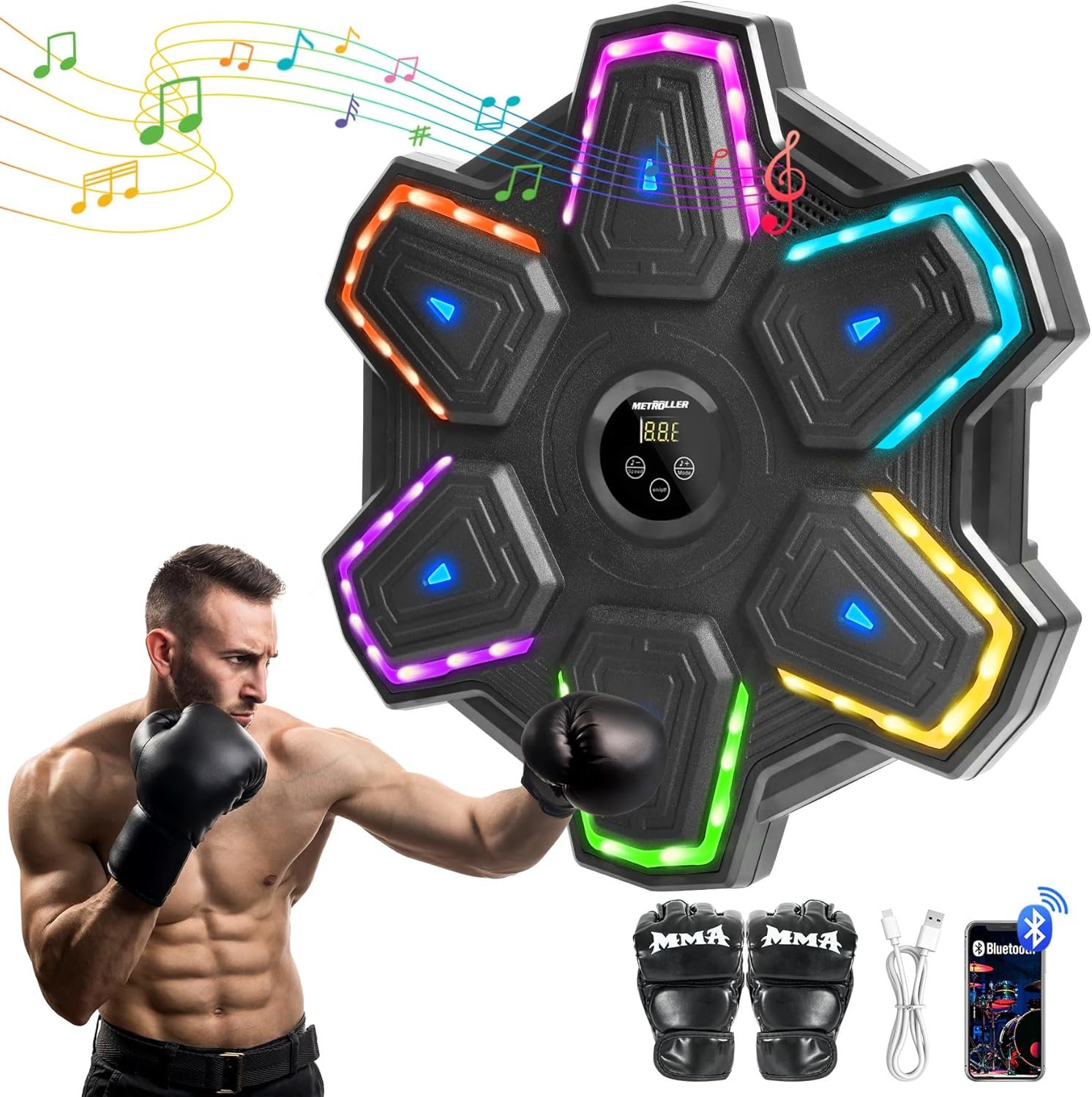 METROLLER Máquina de boxeo musical para adultos con guantes, entrenador electrónico inteligente de música de boxeo con LED interactivo, blanco de boxeo para niños y mujeres, gimnasio, oficina, - Imagen 8