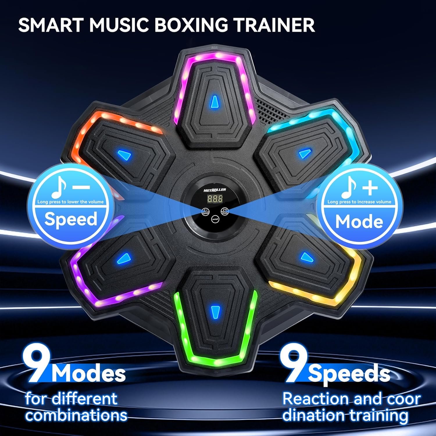 METROLLER Máquina de boxeo musical para adultos con guantes, entrenador electrónico inteligente de música de boxeo con LED interactivo, blanco de boxeo para niños y mujeres, gimnasio, oficina, - Imagen 9