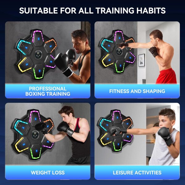 METROLLER Máquina de boxeo musical para adultos con guantes, entrenador electrónico inteligente de música de boxeo con LED interactivo, blanco de boxeo para niños y mujeres, gimnasio, oficina, - Imagen 11