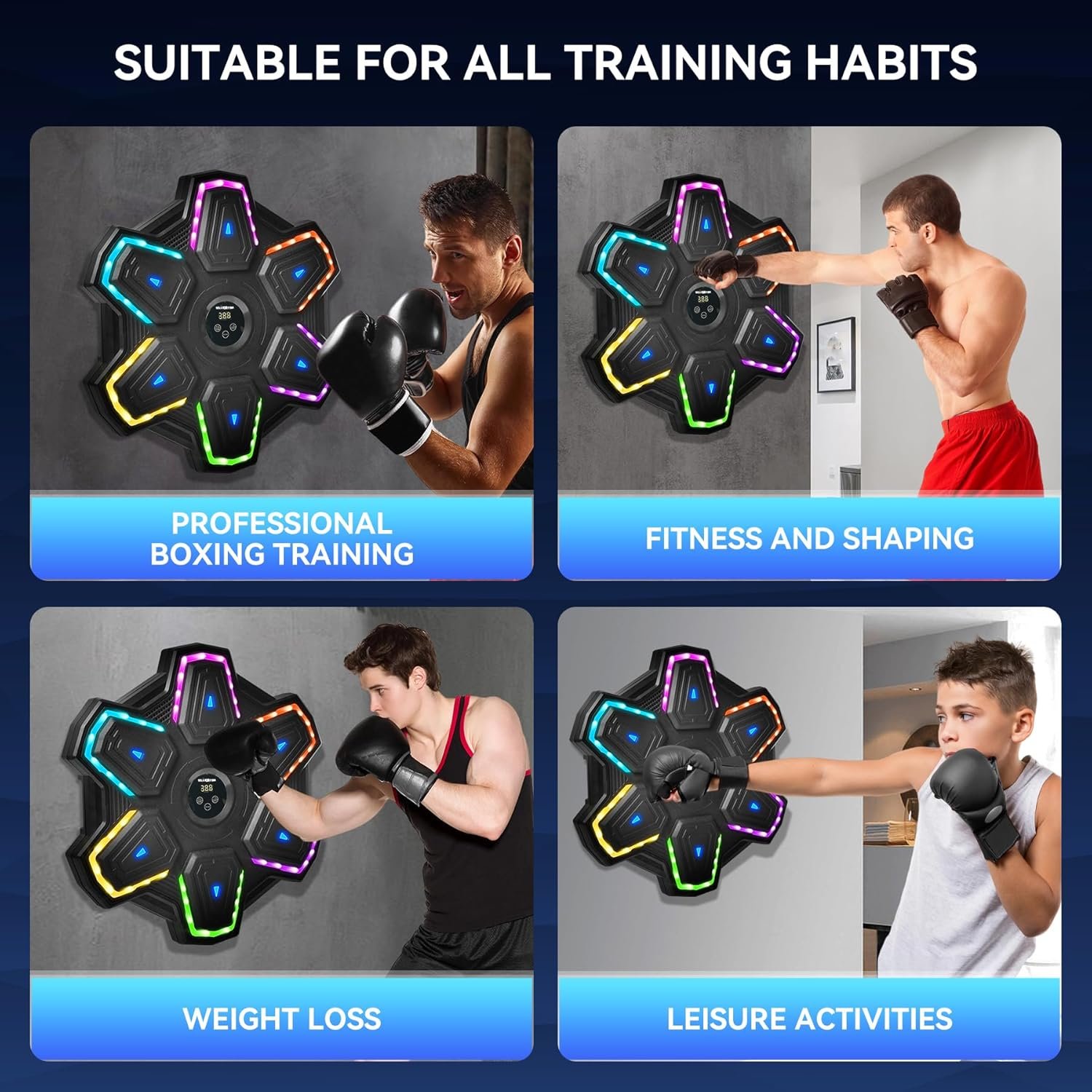 METROLLER Máquina de boxeo musical para adultos con guantes, entrenador electrónico inteligente de música de boxeo con LED interactivo, blanco de boxeo para niños y mujeres, gimnasio, oficina, - Imagen 11