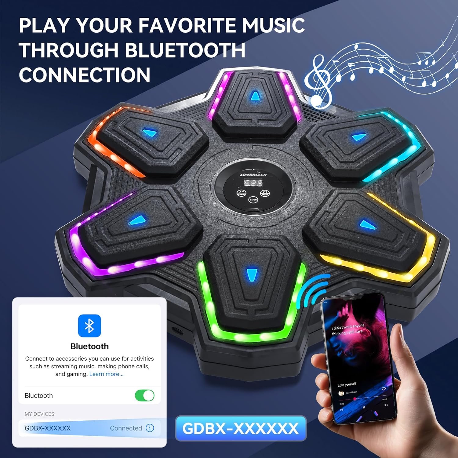 METROLLER Máquina de boxeo musical para adultos con guantes, entrenador electrónico inteligente de música de boxeo con LED interactivo, blanco de boxeo para niños y mujeres, gimnasio, oficina, - Imagen 13