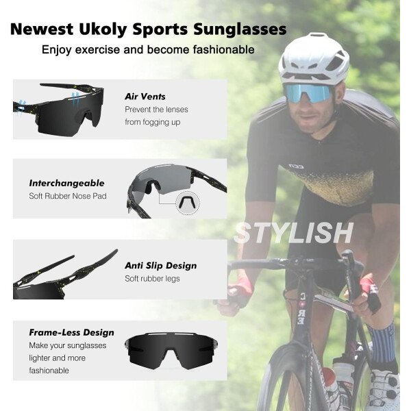 Ukoly Lentes de sol polarizados para ciclismo con 3 micas intercambiables, lentes deportivos y para béisbol para hombres y mujeres - Image 49