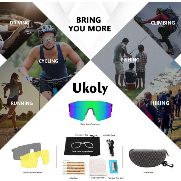 Ukoly Lentes de sol polarizados para ciclismo con 3 micas intercambiables, lentes deportivos y para béisbol para hombres y mujeres - Image 66