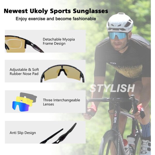 Ukoly Lentes de sol polarizados para ciclismo con 3 micas intercambiables, lentes deportivos y para béisbol para hombres y mujeres - Image 74