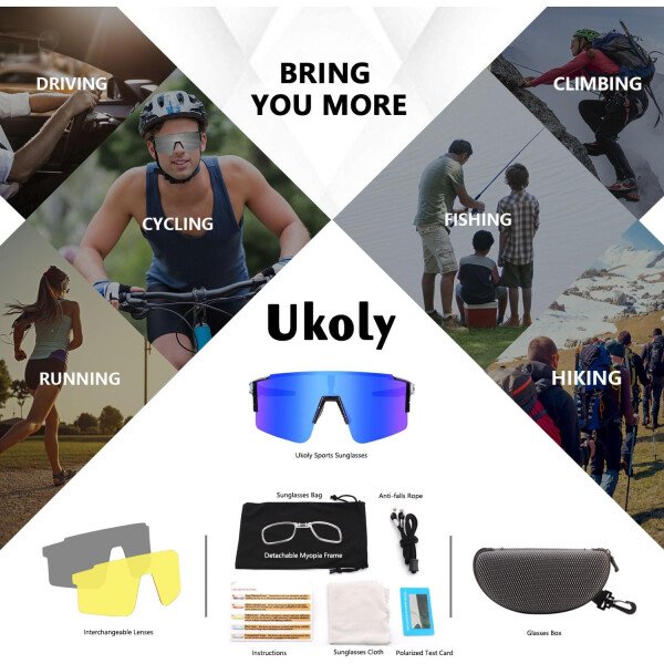 Ukoly Lentes de sol polarizados para ciclismo con 3 micas intercambiables, lentes deportivos y para béisbol para hombres y mujeres - Image 75