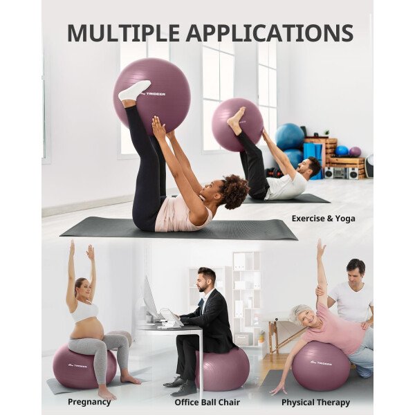 Trideer Pelota de yoga extra gruesa, 5 tamaños, pelota de gimnasio, silla de pelota resistente para equilibrio, estabilidad, embarazo, bomba rápida incluida - Image 3
