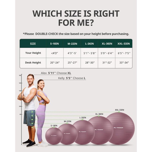 Trideer Pelota de yoga extra gruesa, 5 tamaños, pelota de gimnasio, silla de pelota resistente para equilibrio, estabilidad, embarazo, bomba rápida incluida - Image 8