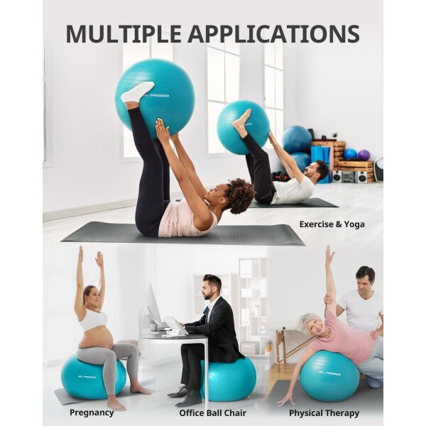 Trideer Pelota de yoga extra gruesa, 5 tamaños, pelota de gimnasio, silla de pelota resistente para equilibrio, estabilidad, embarazo, bomba rápida incluida - Image 11
