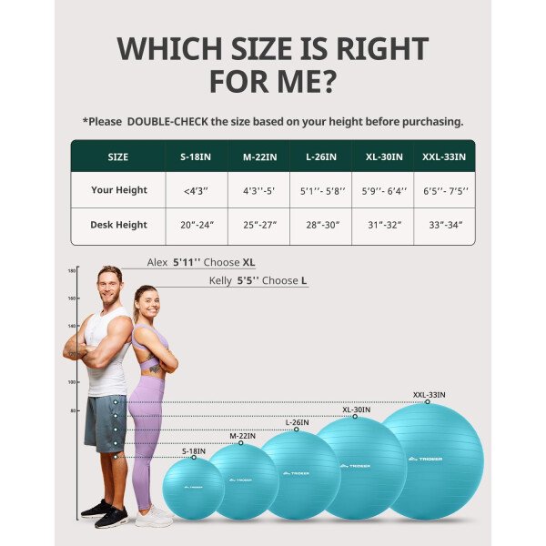 Trideer Pelota de yoga extra gruesa, 5 tamaños, pelota de gimnasio, silla de pelota resistente para equilibrio, estabilidad, embarazo, bomba rápida incluida - Image 16