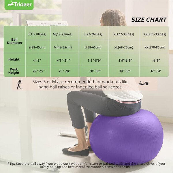 Trideer Pelota de yoga extra gruesa, 5 tamaños, pelota de gimnasio, silla de pelota resistente para equilibrio, estabilidad, embarazo, bomba rápida incluida - Image 23