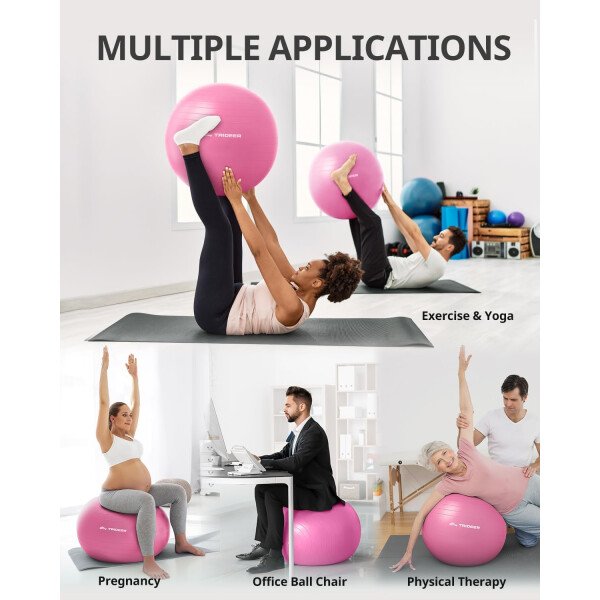 Trideer Pelota de yoga extra gruesa, 5 tamaños, pelota de gimnasio, silla de pelota resistente para equilibrio, estabilidad, embarazo, bomba rápida incluida - Image 25