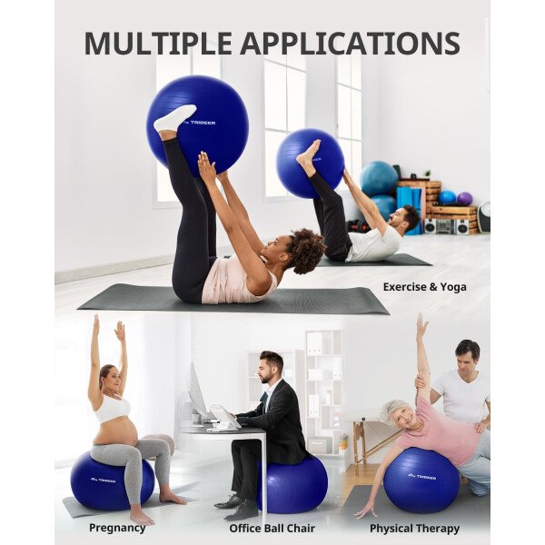 Trideer Pelota de yoga extra gruesa, 5 tamaños, pelota de gimnasio, silla de pelota resistente para equilibrio, estabilidad, embarazo, bomba rápida incluida - Image 32