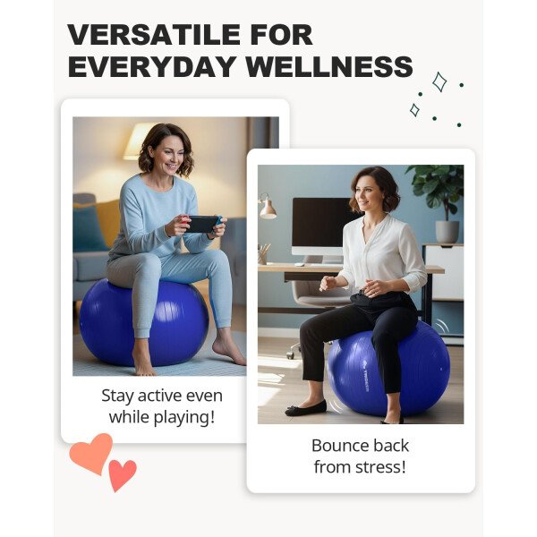 Trideer Pelota de yoga extra gruesa, 5 tamaños, pelota de gimnasio, silla de pelota resistente para equilibrio, estabilidad, embarazo, bomba rápida incluida - Image 34