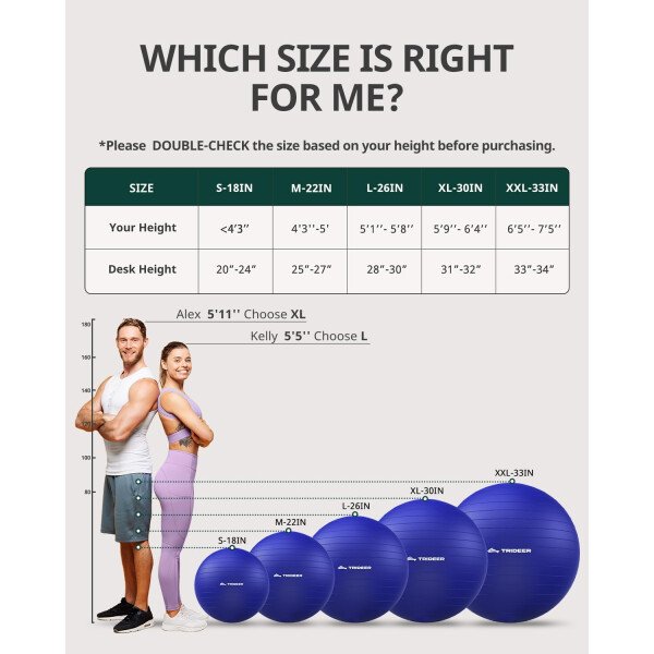 Trideer Pelota de yoga extra gruesa, 5 tamaños, pelota de gimnasio, silla de pelota resistente para equilibrio, estabilidad, embarazo, bomba rápida incluida - Image 37