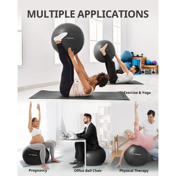 Trideer Pelota de yoga extra gruesa, 5 tamaños, pelota de gimnasio, silla de pelota resistente para equilibrio, estabilidad, embarazo, bomba rápida incluida - Image 38