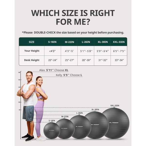 Trideer Pelota de yoga extra gruesa, 5 tamaños, pelota de gimnasio, silla de pelota resistente para equilibrio, estabilidad, embarazo, bomba rápida incluida - Image 43