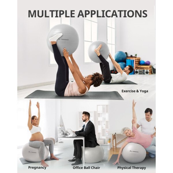 Trideer Pelota de yoga extra gruesa, 5 tamaños, pelota de gimnasio, silla de pelota resistente para equilibrio, estabilidad, embarazo, bomba rápida incluida - Image 45