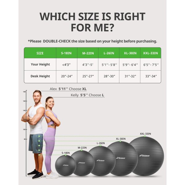Trideer Pelota de yoga extra gruesa, 5 tamaños, pelota de gimnasio, silla de pelota resistente para equilibrio, estabilidad, embarazo, bomba rápida incluida - Image 52